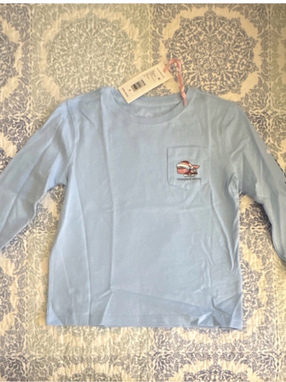 Vineyard Vines Kids Light Blue Long Sleeve Pocket Tee with Whale Patch